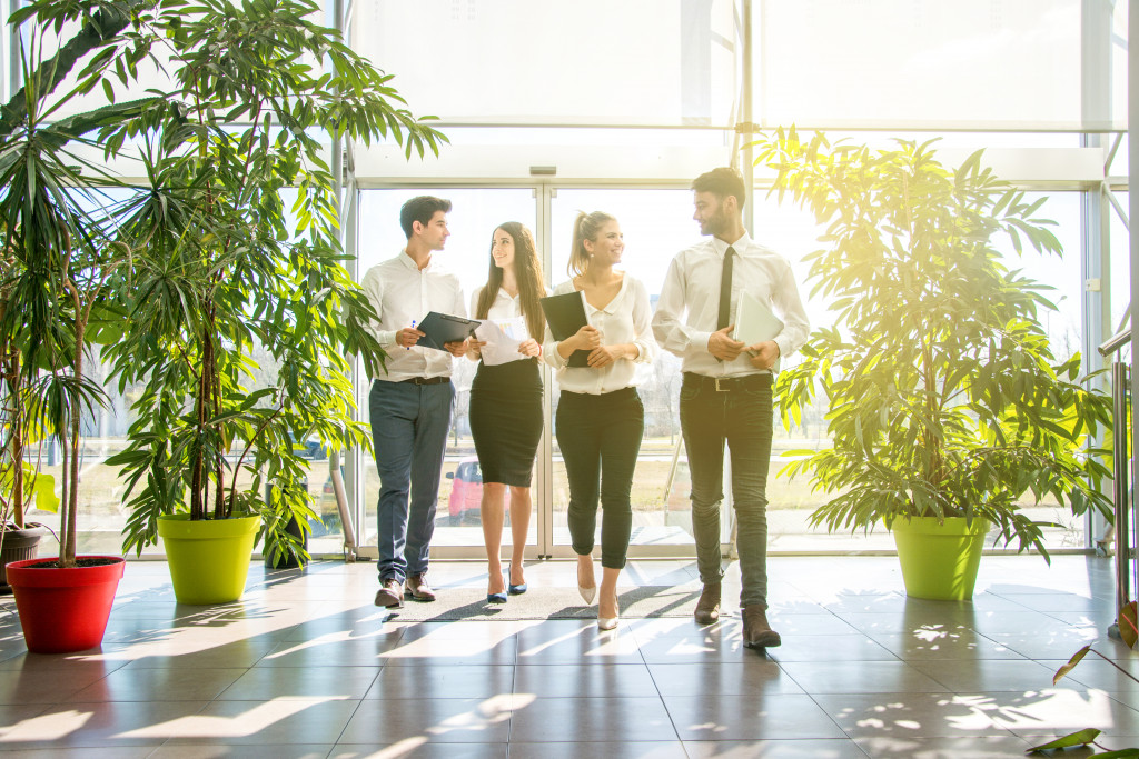 employee walking in company lobby