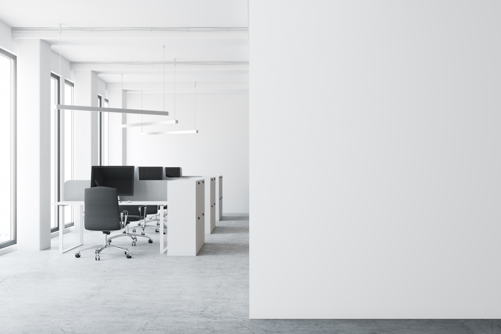 A spacious black and white office space