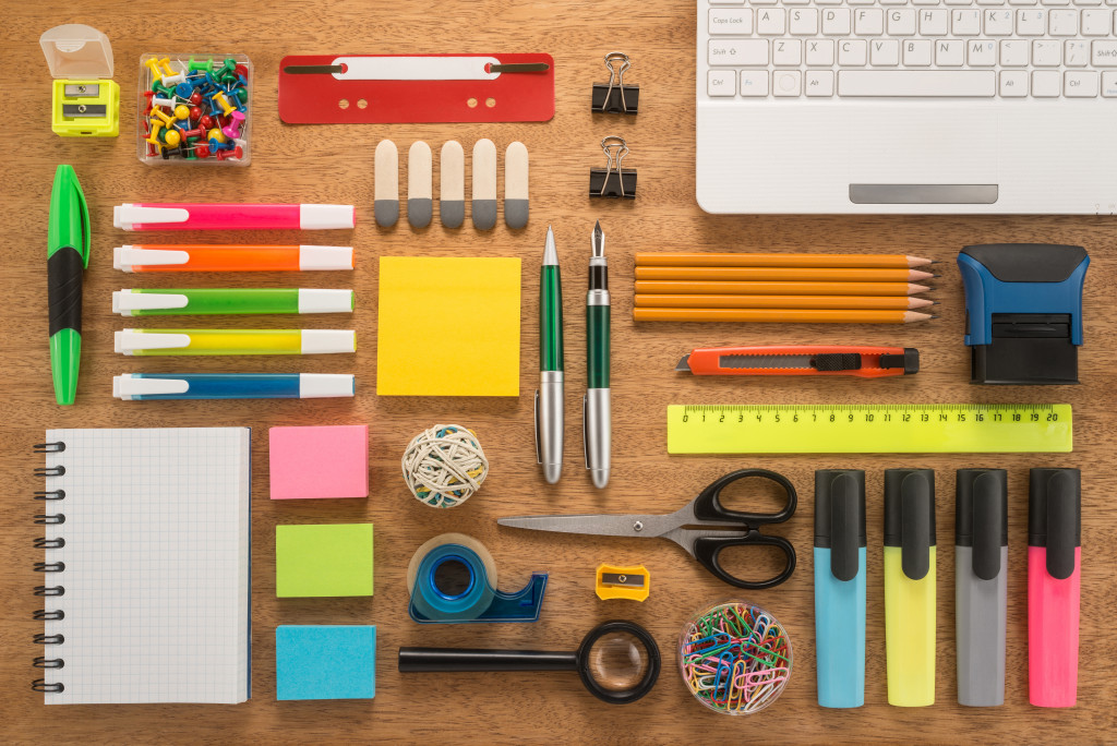 colorful office supplies in desk